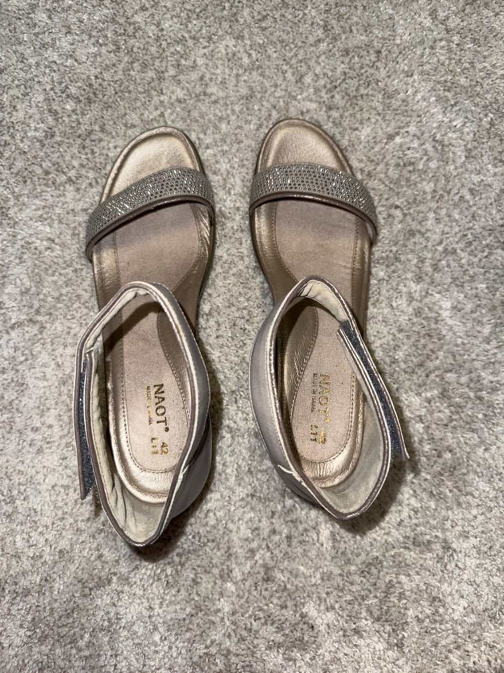 Naot Metallic Taupe Ankle-Strap Sandals Rhinestone Front Band
New. Never worn.